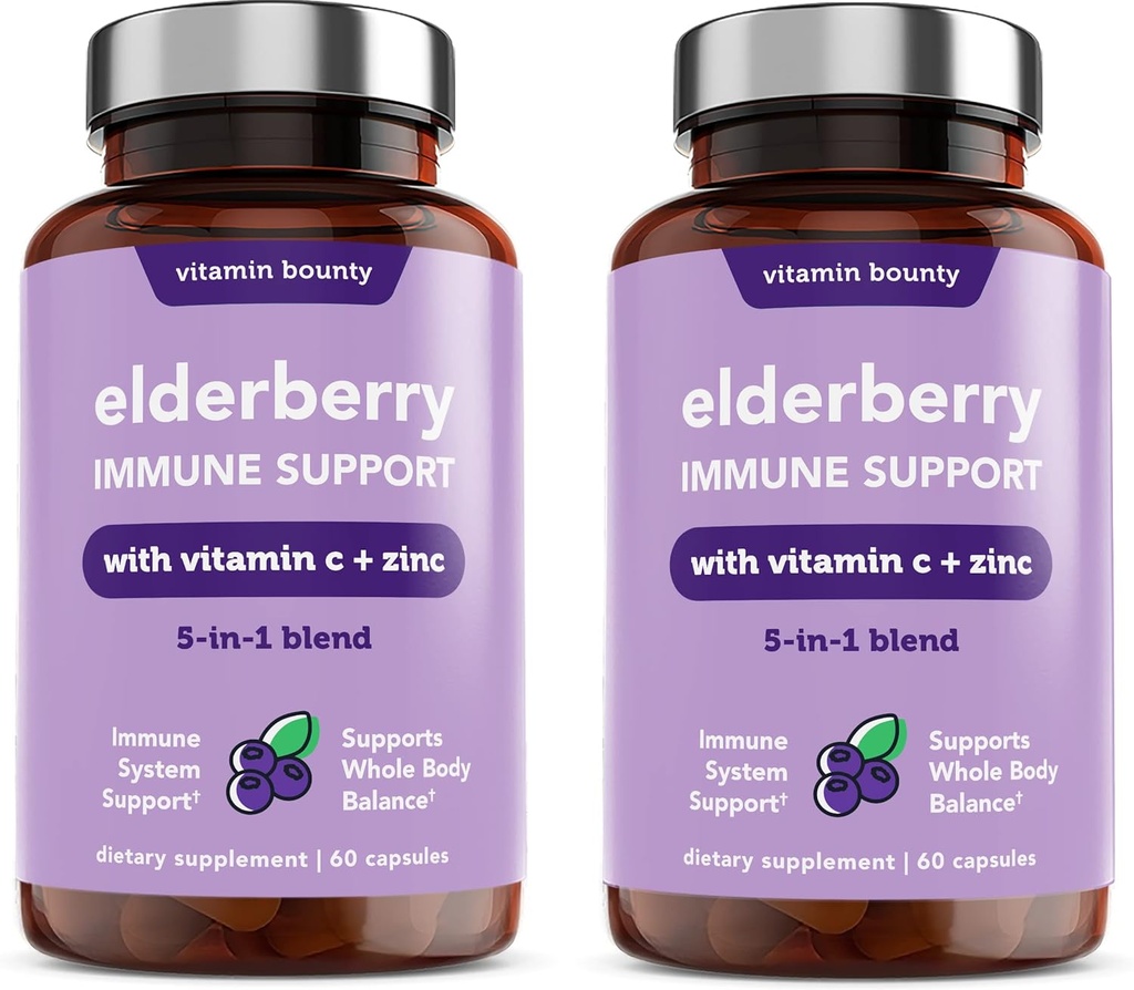 Vitamin Bounty Elderberry Ανοσοποιητική Υποστήριξη - με ψευδάργυρο, βιταμίνη C & Echinacea, Advanced 5-in-1 Blend, Ισχυρό Αντιοξειδωτικό, Υποστηρίζει την ισορροπία ολόκληρου του σώματος, μη ΓΤΟ - 60 κάψουλες, 2 συσκευασίες