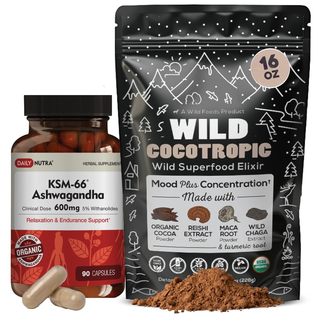 DailyNutra KSM 66 Ashwagandha (90 κάψουλες) και Mushroom Cacao Mix (16oz) Δέσμη για χαλάρωση και εστίαση