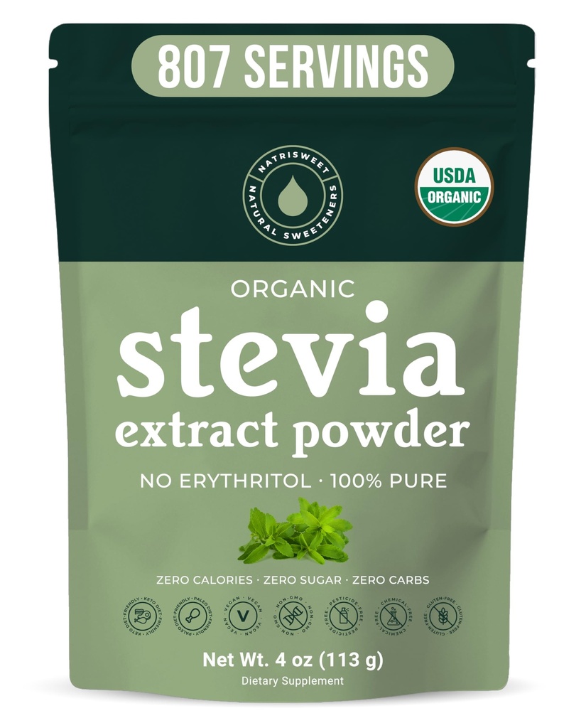 Organic 100% Pure Stevia Powder, 4 oz, Ικανοποιήσεις Γλυκά Καβουράκια, Χαμηλώνει τα Επίπεδα Ζάχαρης Αίματος για Διαβητικούς, Μαζική σκόνη Stevia Extract Γλυκαντικό για Καλύτερη Ψήσιμο & Ποτά, 800+ Εξυπηρετήσεις από NatriSweet
