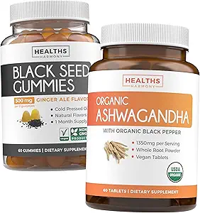 Black Seed Oil Gummies & Ashwagandha (1-Month Supply) - Vital Calm Fusion Bundle - Black Seed Oil Gummies Ginger Ale Flavor Cold-Pressed Nigella Sativa & Organic Ashwaganda Natural Adrenal Support
