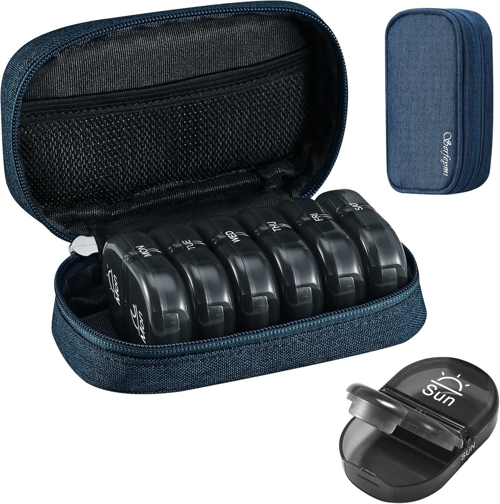Serfeymi Weekly Travel Pill Organizer 2 φορές A Day AM PM Αναβάθμιση Black Pill Box 7 Ημέρα με Φορητό Zipper Canvas Pill Case, Medicine Organizer για χάπια, βιταμίνες, συμπληρώματα, ιχθυέλαια - Blue 01