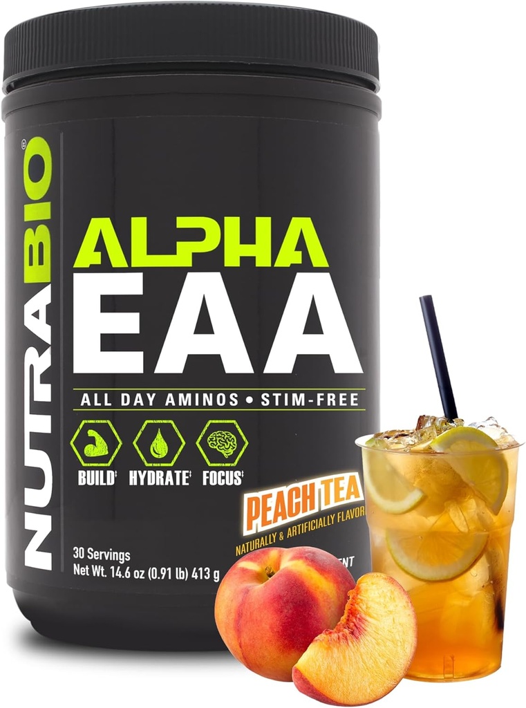 NutraBio Alpha EAA - All-Day Αμινοξέα για την ανάπτυξη των μυών και την ενυδάτωση - Essential Amino Acids with Nootropics & Adaptogens- Full Spectrum EAA BCAA Powder - 30 Servings - Τσάι Peachάκινο