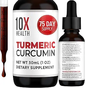 10X Health Turmeric Curcumin Supplement with Vitamin D3 & B12-30mL High Absorption Turmeric Supplement for Joint Supplements for Women, Immunity & Heart Health - Curcuma, Curcumin Supplements