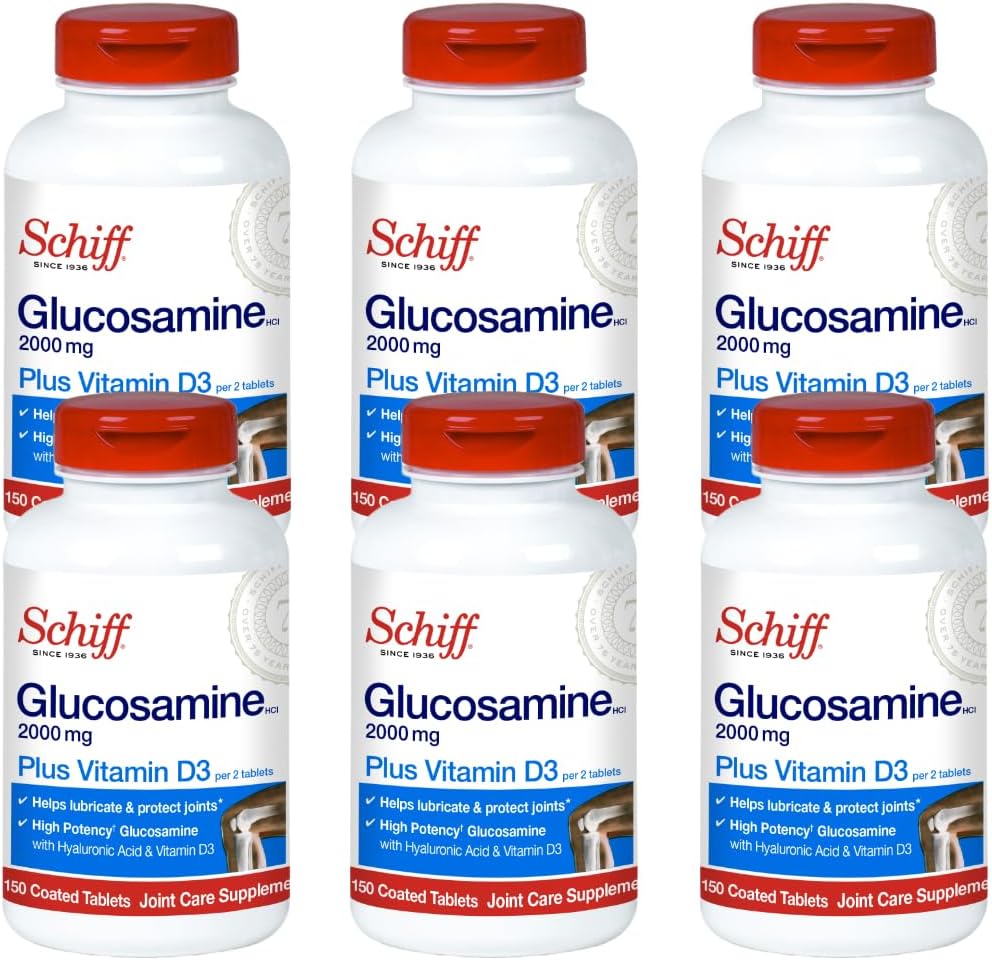 Schiff Glucosamine 2000mg με Βιταμίνη D3 και Υαλουρονικό Οξύ, 150 δισκία - Κοινό Συμπλήρωμα (πακέτο των 6)