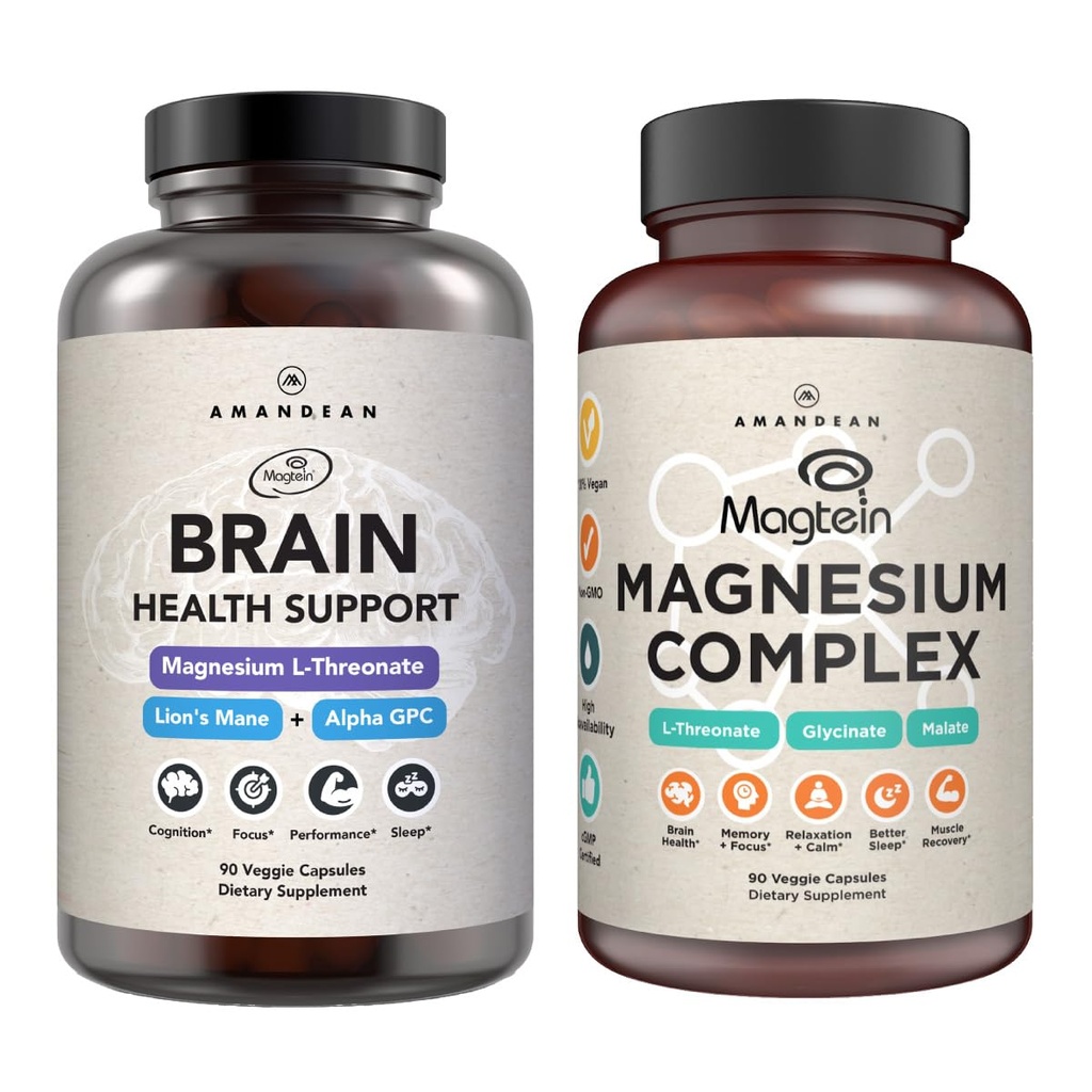 AMANDEAN Premium Brain & Magnesium Bundle: Υψηλής Απορρόφησης Μαγνήσιο L-Θρεονικό, Γλυκινικό & Μηλεϊνό, ΗΠΑ-Grown Organic Lion’s Mane 6:1 Extract, και Alpha-GPC. Υποστηρίζει γνωστική υγεία, εστίαση & ύπνο