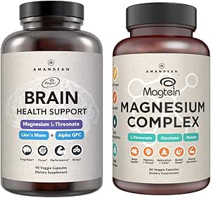 AMANDEAN Premium Brain & Magnesium Bundle: Υψηλής Απορρόφησης Μαγνήσιο L-Θρεονικό, Γλυκινικό & Μηλεϊνό, ΗΠΑ-Grown Organic Lion’s Mane 6:1 Extract, και Alpha-GPC. Υποστηρίζει γνωστική υγεία, εστίαση & ύπνο