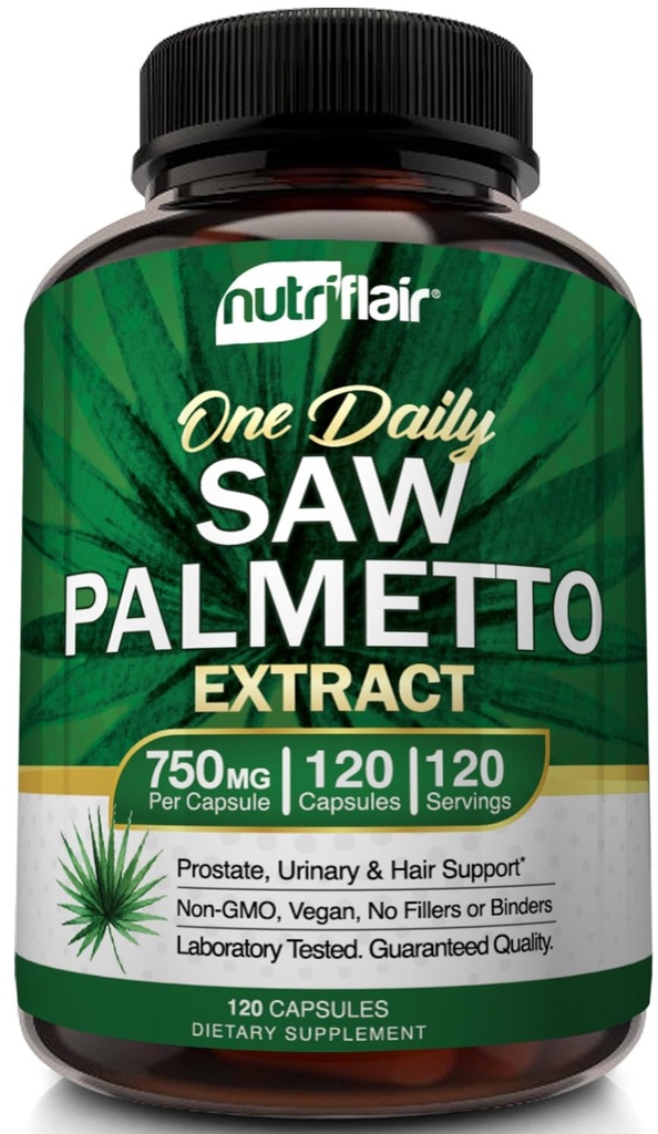 NutriFlair Saw Palmetto Extract 750mg, 120 κάψουλες - Φυσικό συμπλήρωμα Prostate & Berry Health Support - Βοηθά στην πρόληψη της απώλειας μαλλιών και βοηθά στη μείωση της συχνής ούρησης, για γυναίκες και άνδρες