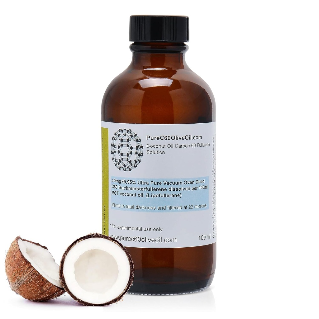 PureC60OliveOil C60 Organic MCT Coconut Oil 100ml / 3.4 fl Oz - 99,95% Carbon 60 Διαλύτης Δωρεάν 40mg - Amber Glass Bottle - Food Grade - Carbon 60 Coconut Oil - Από τον κορυφαίο παγκόσμιο παραγωγό