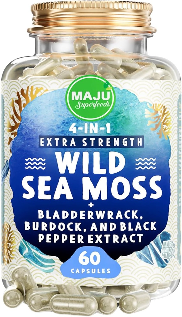MAJU 4-in-1 Organic Sea Moss Capsules, Wild Chondrus Crispus, Seamoss w/Bladderwrack + Burdock Root, Stronger Than Gel, Irish, Sebi Inspired Raw Powder in Pills, 500 mg Capsule (60 ct)