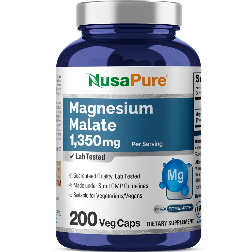 NusaPure Μαγνήσιο Μηλεϊκό 1350mg 200 Κάψουλες Veggie (Βέγκαν, Μη ΓΤΟ, Vegan)
