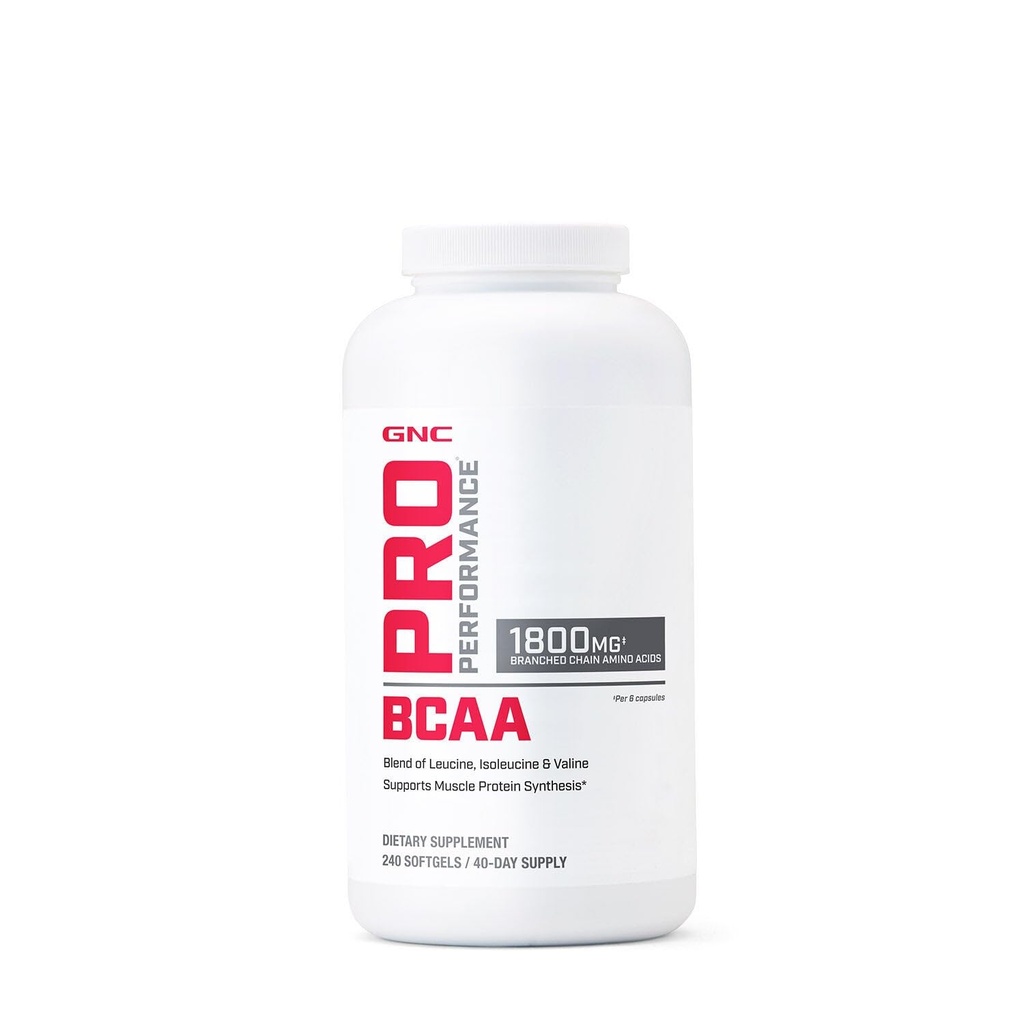 GNC Pro Performance BCAA 1,8g, 3o Party Tested Supplement for Men & Women, Διακλαδισμένη Αλυσίδα Αμινοξέα, Essential Amino Acids Υποστηρίζει σύνθεση πρωτεΐνης μυών, 240 Softgels, 40 SVG