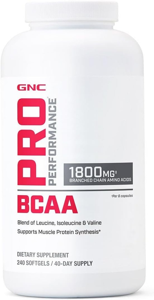 GNC Pro Performance BCAA 1,8g, 3o Party Tested Supplement for Men & Women, Διακλαδισμένη Αλυσίδα Αμινοξέα, Essential Amino Acids Υποστηρίζει σύνθεση πρωτεΐνης μυών, 240 Softgels, 40 SVG