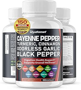 Cayenne Pepper Turmeric Odorless Garlic Cinnamon Fenugreek Citrus Bergamot Artichoke Blueberry Green Tea Black Pepper -150 Capsules- Made in USA