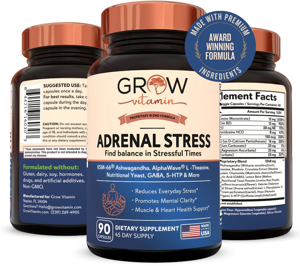 Ανάπτυξη βιταμίνης Adrenal Stress Advanced Formula, Organic KSM-66 Ashwagandha με AlphaWave L-Θεανίνη, 5-HTP, Μαγνήσιο Blend - Everyday Stress Relief, Mood Support, Γνωστική, Εγκεφαλική Υγεία, 90 Κάψουλες