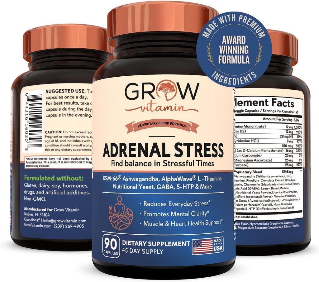 Ανάπτυξη βιταμίνης Adrenal Stress Advanced Formula, Organic KSM-66 Ashwagandha με AlphaWave L-Θεανίνη, 5-HTP, Μαγνήσιο Blend - Everyday Stress Relief, Mood Support, Γνωστική, Εγκεφαλική Υγεία, 90 Κάψουλες