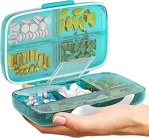 Travel Pill Organizer - Airtight Medicine Case for Traveling Portable Pharmacy Box with Labels Vitamin Container 8 Compartment Supplement Medication Holder Large Capacity Daily (Green)
