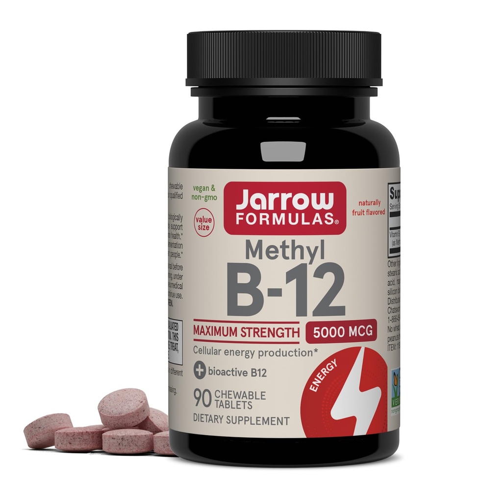 Jarrow Formulas Βιταμίνη B12 5000 mcg - Μέγιστη δύναμη για την Κυτταρική Ενέργεια και την Εγκεφαλική Υγεία, 90 Cherry Chewable Tables, B12 Βιταμίνες 5000 mcg