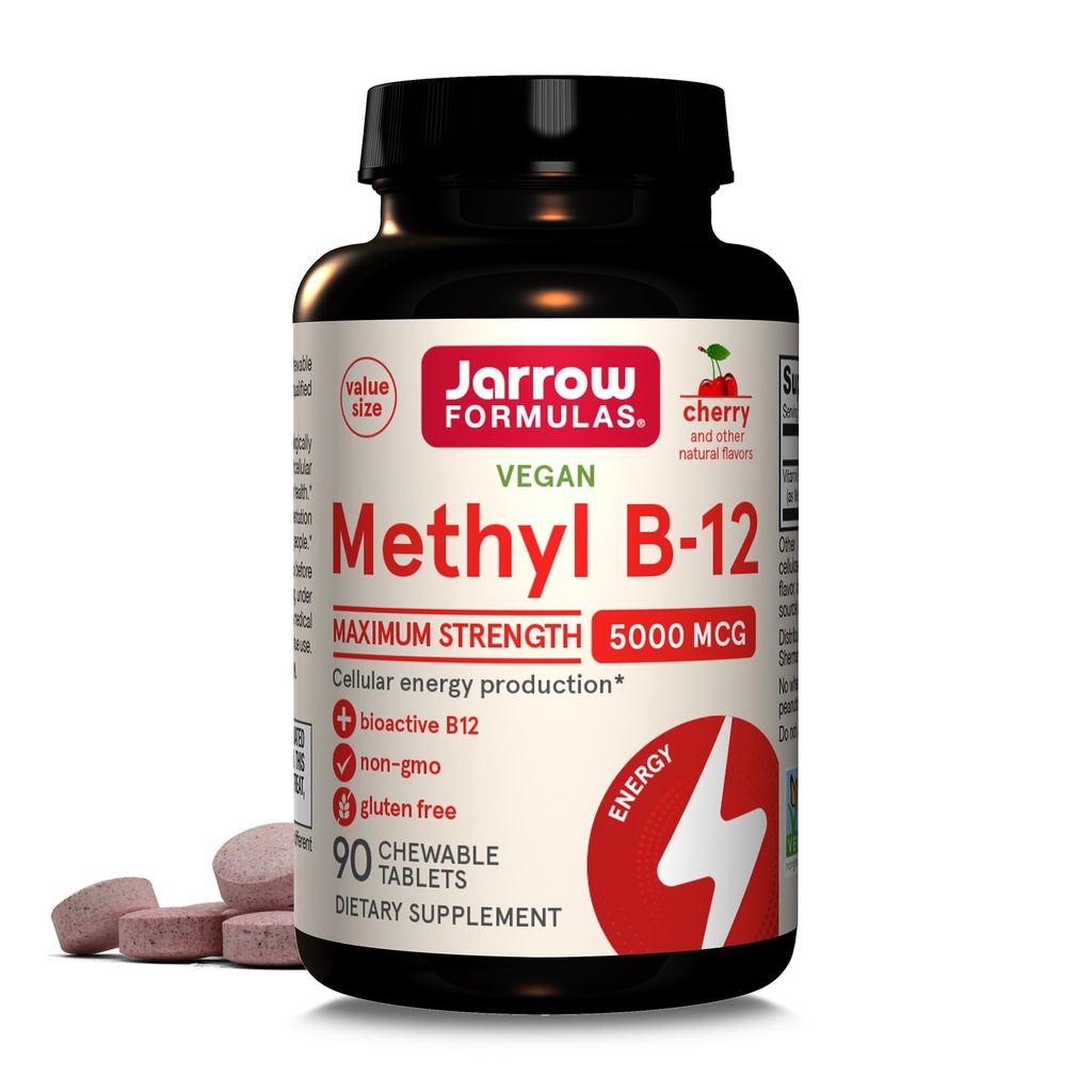 Jarrow Formulas Vitamin B12 5000 mcg - Maximum Strength for Cellular Energy and Brain Health, 90 Cherry Chewable Tablets, B12 Vitamins 5000 mcg
