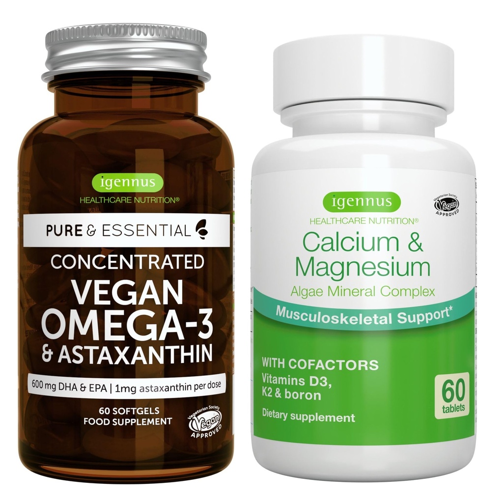 Vegan Omega-3 + σύμπλοκο ασβεστίου & μαγνησίου Vegan Bundle, Βιώσιμη EPA & DHA Algae Oil 1340mg + 2:1 Plant Based Algae Mineral Complex, by Igennus