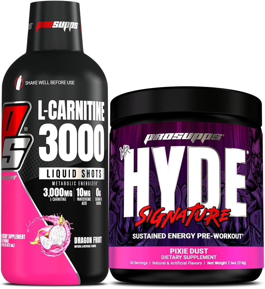 PROSUPPS L-Καρνιτίνη 3000 Διεγερτικές Δωρεάν Υγρές Σφηνές (31 Σερβιτόρες, Δράκος Φρούτα) και ο κ. Hyde Signature Series Προ-Εργαζόμενο Ενεργειακό Ποτό σε σκόνη (30 Σερβιτόρες, Pixie Dust) Bundle