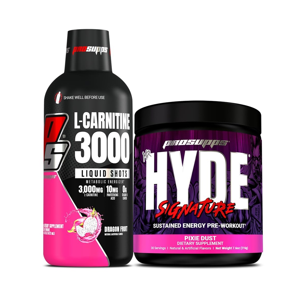 PROSUPPS L-Καρνιτίνη 3000 Διεγερτικές Δωρεάν Υγρές Σφηνές (31 Σερβιτόρες, Δράκος Φρούτα) και ο κ. Hyde Signature Series Προ-Εργαζόμενο Ενεργειακό Ποτό σε σκόνη (30 Σερβιτόρες, Pixie Dust) Bundle