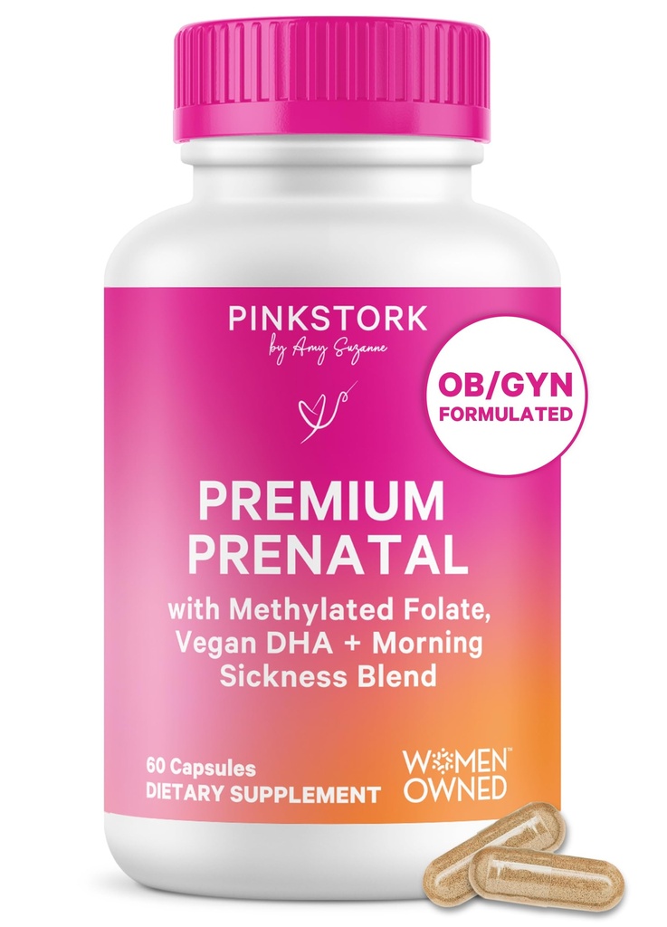 Pink Stork Premium Προγεννητική Βιταμίνη για τις γυναίκες - Βιολογικά συστατικά ολόκληρων τροφίμων, πολυβιταμίνη & προβιοτικά - Πρωινή Ασθένεια, Διέγερση, & Ενέργεια - Φολικό, B6, & Σιδήρου - 60 κάψουλες
