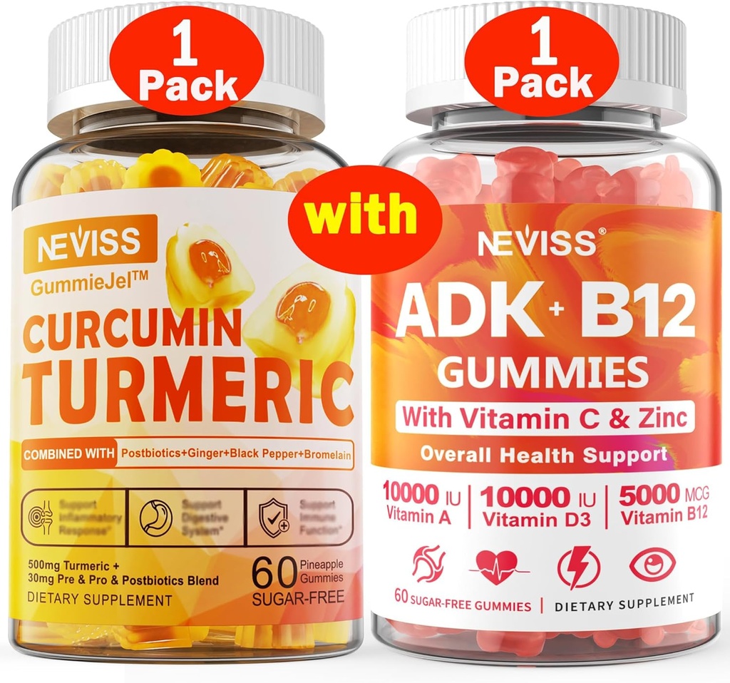 1Pack Κουρκουμίνη γεμάτη Gummies + 1Pack βιταμίνη ADK με B12 Gummies