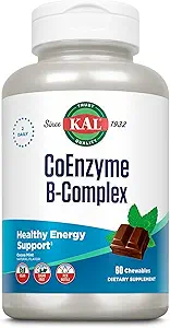KAL CoEnzyme Vitamin B Complex, μασώμενες βιταμίνες Β για την υγιή ενέργεια, τα ερυθρά αιμοσφαίρια και νευρική λειτουργία Υποστήριξη w/Vitamin B12, B6, Φολικό οξύ, φυσικό κακάο νομισματοκοπείο, Vegan, ζάχαρη δωρεάν, 30 Serv, 60ct