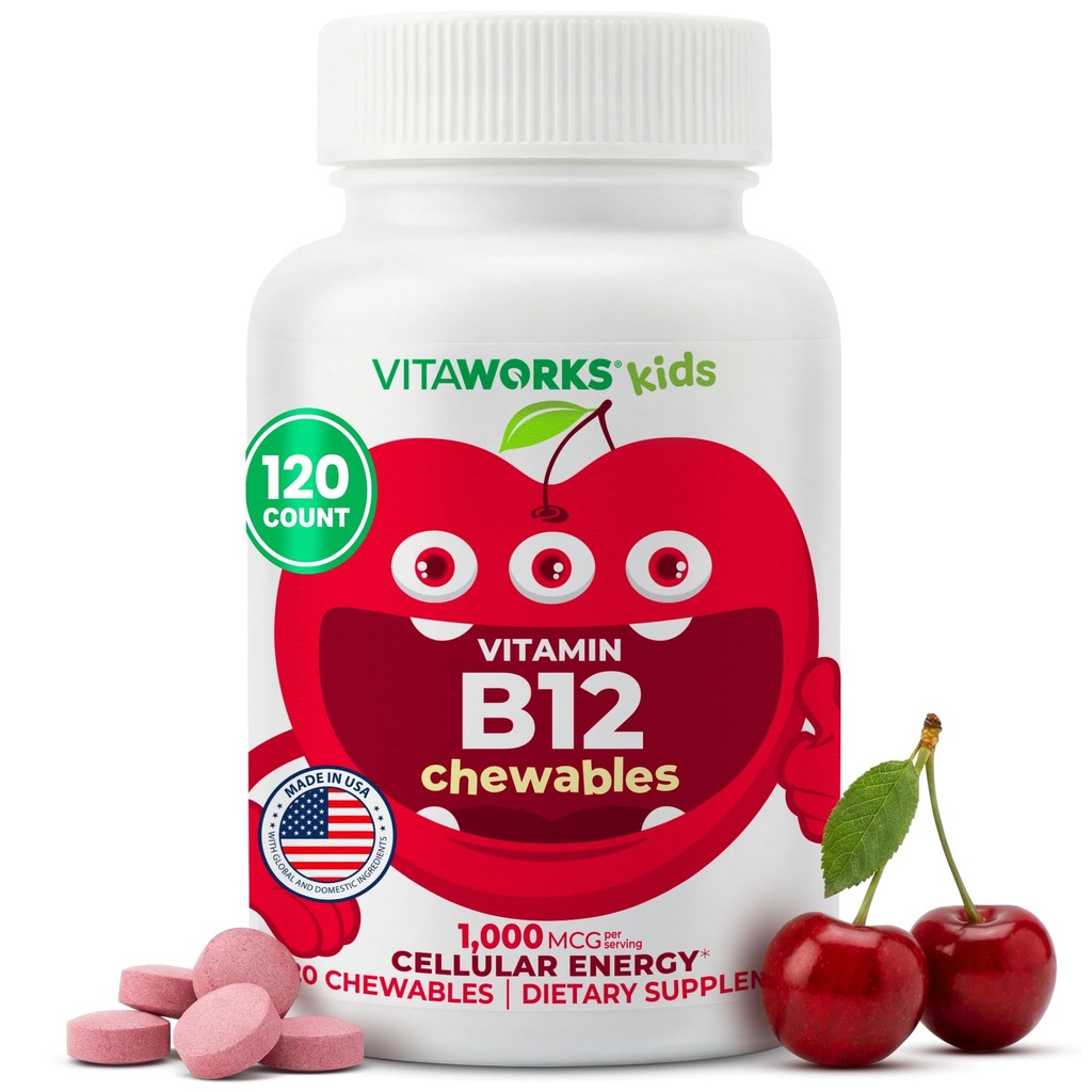 Παιδιά Βιταμίνη B12 1000 mcg Μασώμενα δισκία - Νόστιμο Φυσικό άρωμα κεράσι - Vegan, GMO-free, Χωρίς γλουτένη, Χωρίς καρύδες - Συμπλήρωμα διατροφής - Κυτταρική ενέργεια Βιταμίνες για παιδιά - 120 Μασώμενα