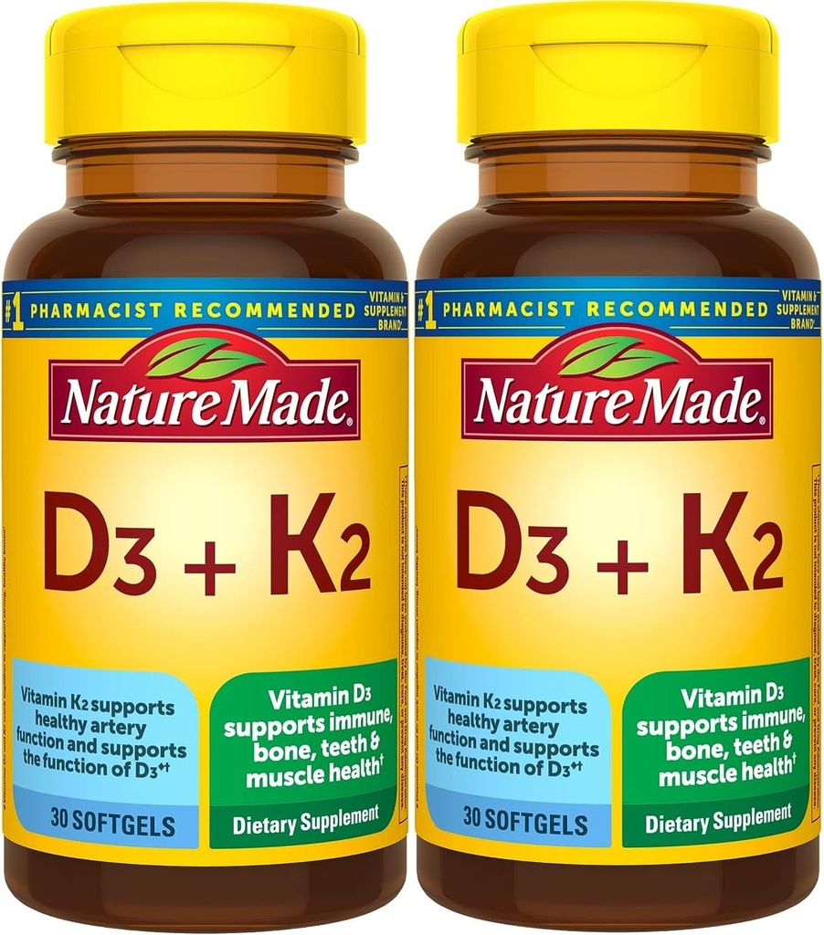 Nature Made Vitamin D3 K2, 5000 IU (125 mcg) Vitamin D, Dietary Supplement for Bone, Teeth, Muscle and Immune Health Support, 30 Softgels, 30 Day Supply - Pack of 2