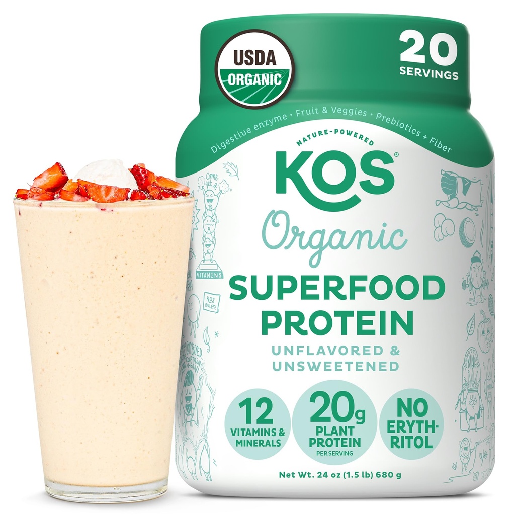 KOS Vegan Protein Powder, Unflavored & Uncoweed - Χαμηλό μείγμα πρωτεΐνης αρακάς, οργανικά Superfood πλούσια σε βιταμίνες & ορυκτά - Κέτο, σόγια, χωρίς γαλακτοκομικά - Αντικατάσταση γεύματος για γυναίκες & άνδρες - 20 Σερβιέτες