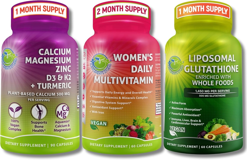 Began Bone & Immune Support Bundle - Liposomal Glutathione 500mg με Βιολογικά Ολόκληρα Τρόφιμα + Γυναικεία Καθημερινή Πολυβιταμίνη με Ασβέστιο, Μαγνήσιο, D3, K2, Ψευδάργυρο, και Κουρκουμάς