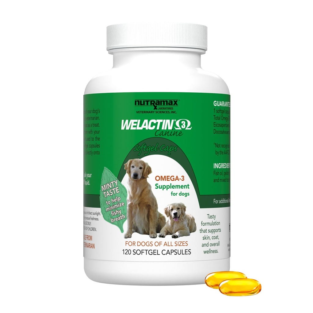 Nutramax Welactin 3 - Canine 120 - Softgel Caps, Velactin Omega-3 Skin and Coat Support