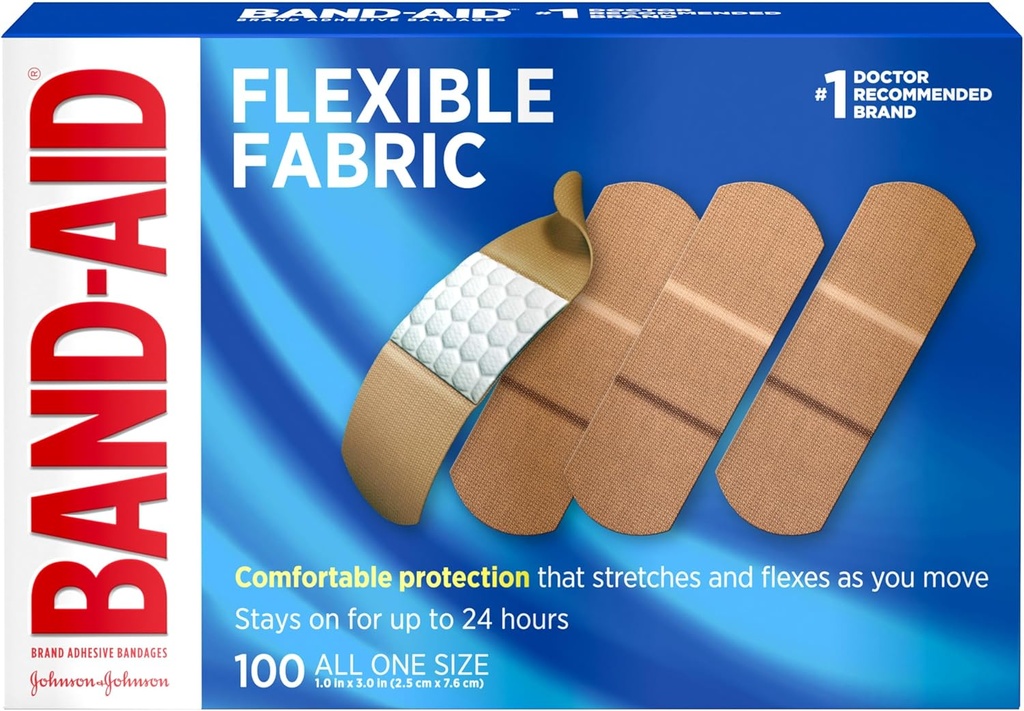 Band-Aid Brand Ευέλικτο Ύφασμα Στείρα Συγκολλητικές Επιδέσμους, Άνετη Μαξιλαρωμένη Φροντίδα Τραυμάτων & Προστασία για Μικρές Περικοπές, Σκρέπες & Έγκαυμα, Πρώτες Βοήθειες, Hurt-Free Comfort Pad, One Size 1x3 In, 100 Count
