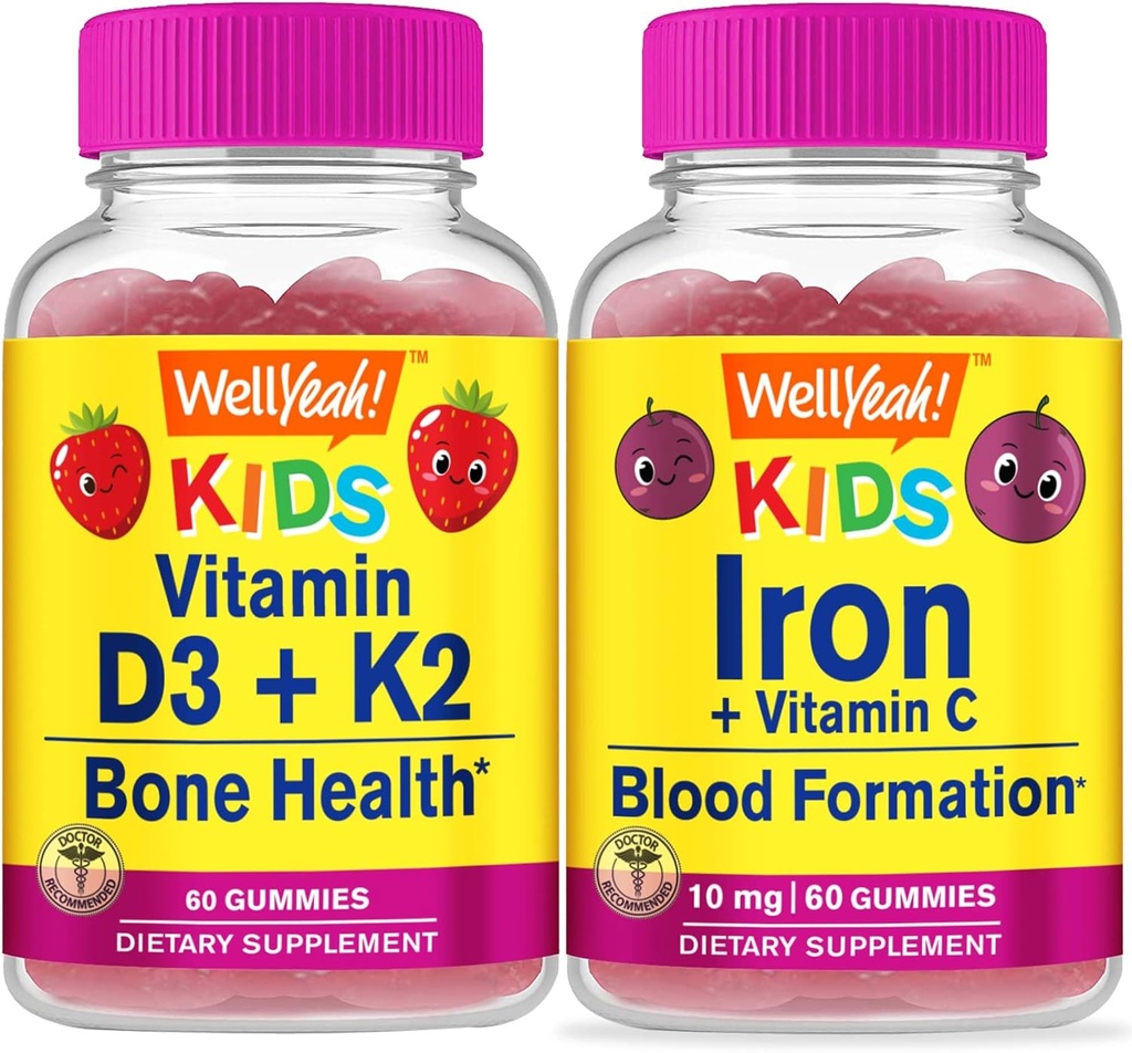 WellYeah Vitamin D3+K2 Kids + Iron + Vitamin C Kids, Gummies Bundle - Μεγάλη γεύση, συμπλήρωμα βιταμίνης, χωρίς γλουτένη, GMO Δωρεάν, Μασώμενο Gummy