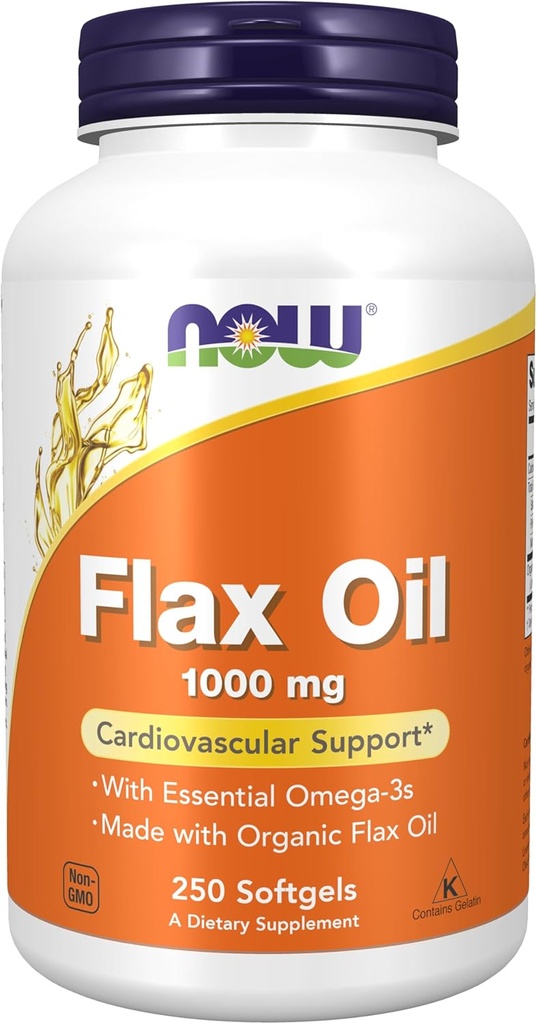 NOW Συμπληρώματα Τροφίμων, Λάδι flax 1,000 mg που παρασκευάζονται με βιολογικό έλαιο flax, Καρδιαγγειακή Υποστήριξη*, 250 Softgels