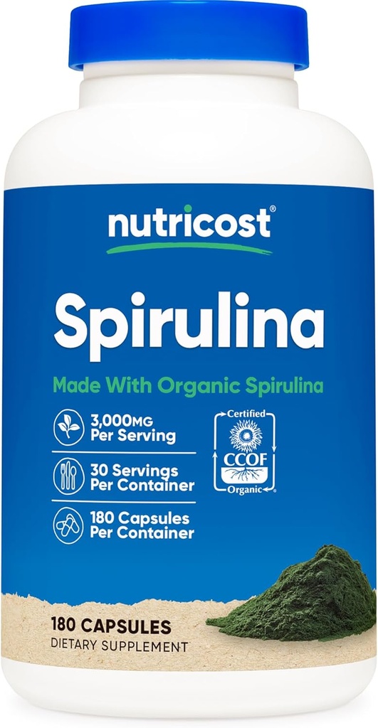 Nutricost Spirulina 3.000mg, 180 κάψουλες για 30 υπηρεσίες - CCOF Certified Made with Organic Spirulina, Gluten Free, Vegetarian