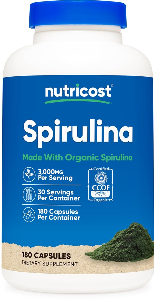 Nutricost Spirulina 3.000mg, 180 κάψουλες για 30 υπηρεσίες - CCOF Certified Made with Organic Spirulina, Gluten Free, Vegetarian