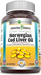 Amazing Omega Norwegian Cod Liver Oil 1250 Mg Softgels Supplement | Omega-3, EPA, DHA, Vitamin A, Vitamin D & Vitamin E (Orange | 60 Count)