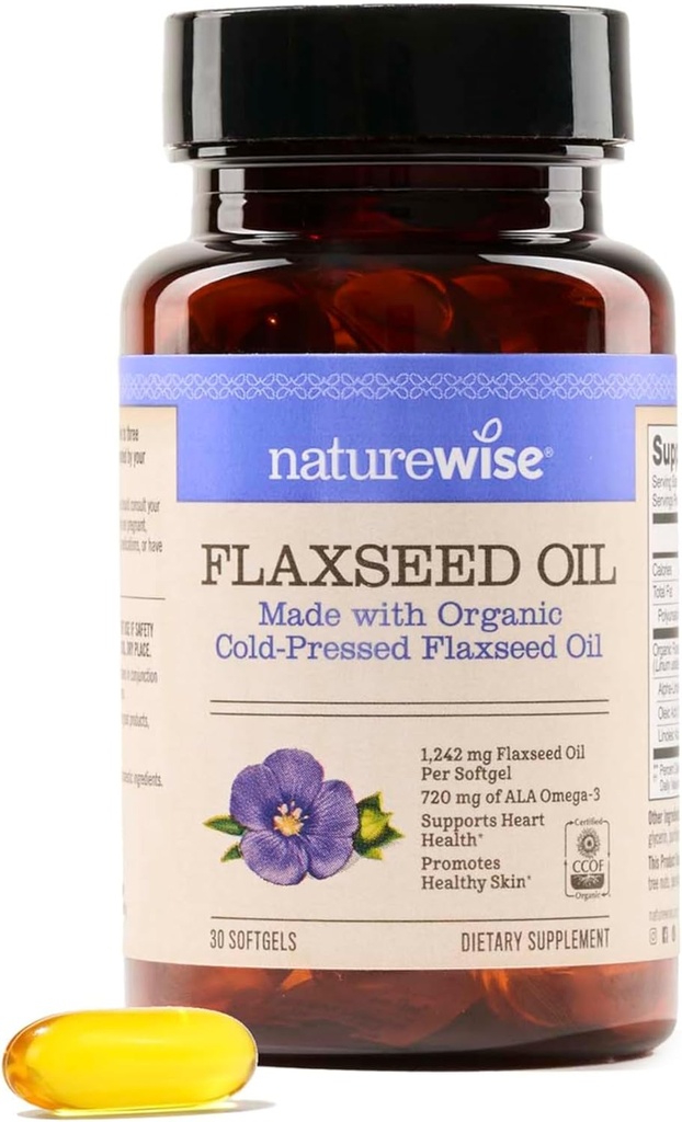NatureWise flaxseed Oil 1200 mg, Fish Free Omega 3 6 9 με 720mg ALA, Συμπλήρωμα διατροφής για την υποστήριξη της υγείας της καρδιάς - Βιολογικό, κρύο πιεσμένο, μη GMO - 30 Softgels[1-Month Supply]