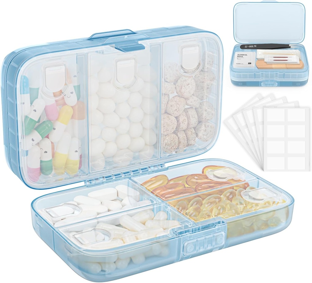 FYY Weekly Pill Organizer with Labels,8 Διαμερίσματα Travel Daily Pill Case Airtight Moistureproof Large Pill Box to Hold Vitamins, Fish Oil, Συμπληρώματα, Cotton Swab και Bandages-Blue