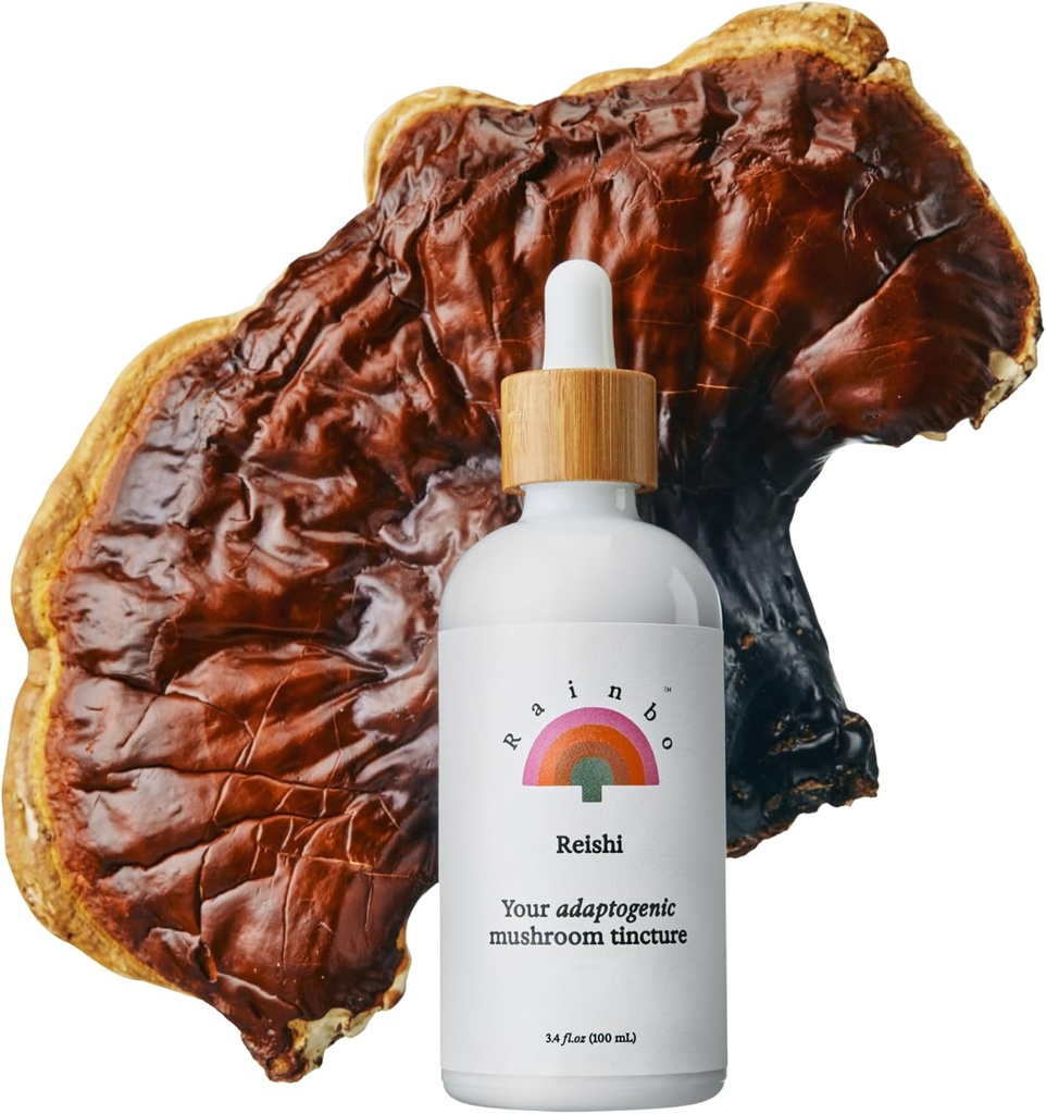 Rainbo - Reishi Mushroom Βάμμα - Διπλό εκχύλισμα συμπλήρωμα μανιταριών - Ανοσολογική υποστήριξη, Mood, Ύπνος, συμπλήρωμα Liquid Reishi, Vegan, Non GMO, 3.4 fl oz