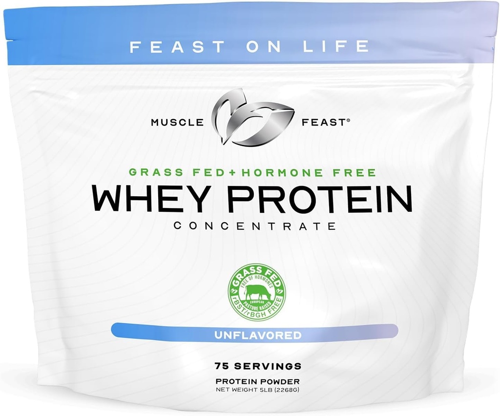 Μύες Feast Grass-Fed Whey Πρωτεΐνη συμπυκνωμένο σκόνη, Όλα τα φυσικά, ορμονική χωρίς πάστα Αυξημένη πρωτεΐνη Whey Σκόνη για γυναίκες και άνδρες, Καθαρό, μη-GMO & χωρίς γλουτένη συμπυκνωμένο Whey - Χωρίς γεύση, 5lb