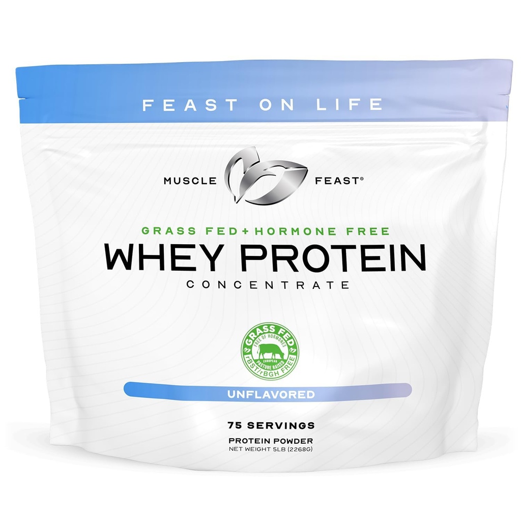 Μύες Feast Grass-Fed Whey Πρωτεΐνη συμπυκνωμένο σκόνη, Όλα τα φυσικά, ορμονική χωρίς πάστα Αυξημένη πρωτεΐνη Whey Σκόνη για γυναίκες και άνδρες, Καθαρό, μη-GMO & χωρίς γλουτένη συμπυκνωμένο Whey - Χωρίς γεύση, 5lb
