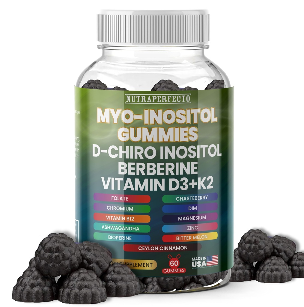 Χωρίς ζάχαρη Myo-Inositol & D-Chiro Ινοσιτόλη Gummies για τις γυναίκες, Βερβερίνη Βιταμίνη D3 K2 DIM Μαγνήσιο Γλυκινικό Οξείδιο L-μεθυλοφολικό συμπλήρωμα για τις γυναίκες, γονιμότητα, ισορροπία ορμονών, PMS, υγεία των ωοθηκών