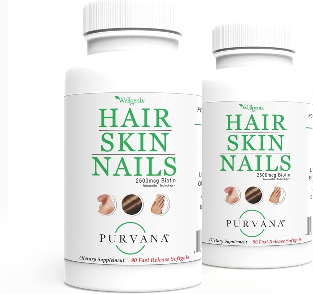 Wellgenix Purvana Μαλλιά, δέρμα και νύχια Βιταμίνη Softgels για υψηλή απορρόφηση - Διπλή δύναμη 2500mcg Βιοτίνη, VIT A & B (90 κόμης) 2 συσκευασία