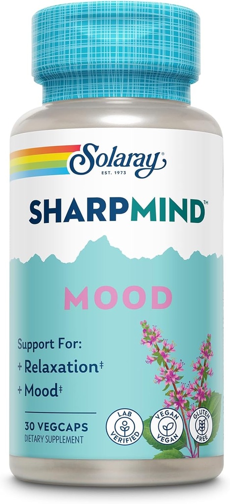 SOLARAY SharpMind Mood Supplement, Nootropic for Relaxation and Stress Relief, Zembrin, Holy Basil, Lithium 5mg, Organic Reishi Mushroom, 60 Day Guarantee, 30 Servings, 30 VegCaps