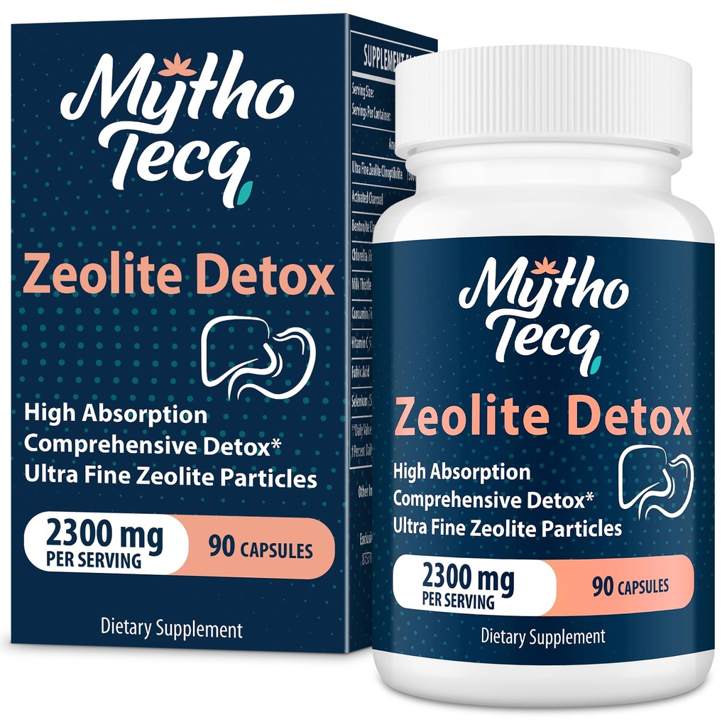 MythoTecq 2300 MG Zeolite Detox Capsules - Activated Charcoal & Bentonite Clay, Highly Absorbable Full Body, Liver & Gut Cleanse, Zeolite Clinoptilolite（90 Capsules）