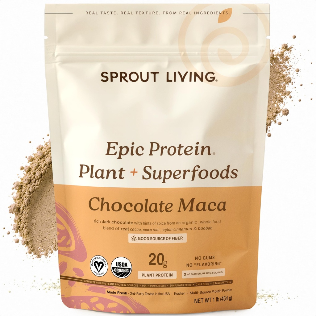 Sproout Living Epic Protein, Πρωτεΐνες & Superfoods με βάση φυτά σκόνη, σκόνη σοκολάτας Maca 20 γραμμάρια οργανική πρωτεΐνη σκόνη, Vegan, μη γαλακτοκομικά, μη ΓΤΟ, Χωρίς γλουτένη, χαμηλή ζάχαρη (1 λίρα, 12 σερβίροντας)