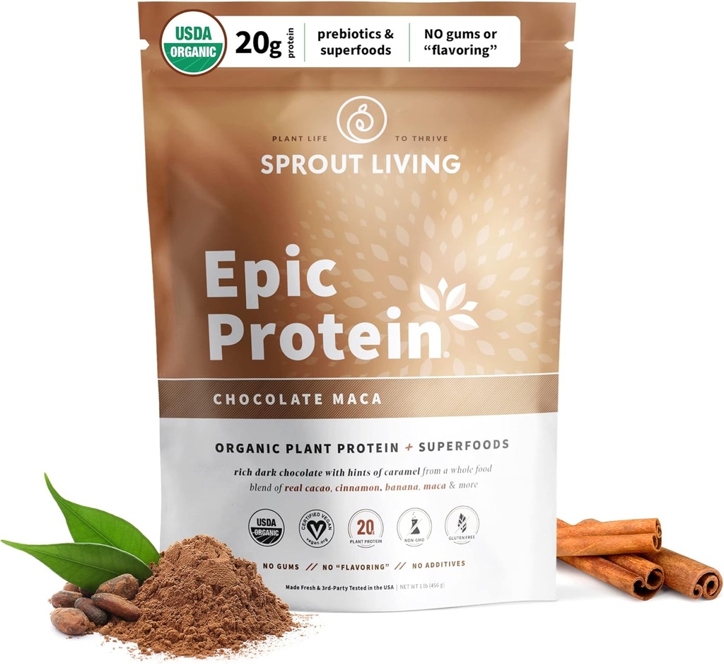 Sproout Living Epic Protein, Πρωτεΐνες & Superfoods με βάση φυτά σκόνη, σκόνη σοκολάτας Maca 20 γραμμάρια οργανική πρωτεΐνη σκόνη, Vegan, μη γαλακτοκομικά, μη ΓΤΟ, Χωρίς γλουτένη, χαμηλή ζάχαρη (1 λίρα, 12 σερβίροντας)